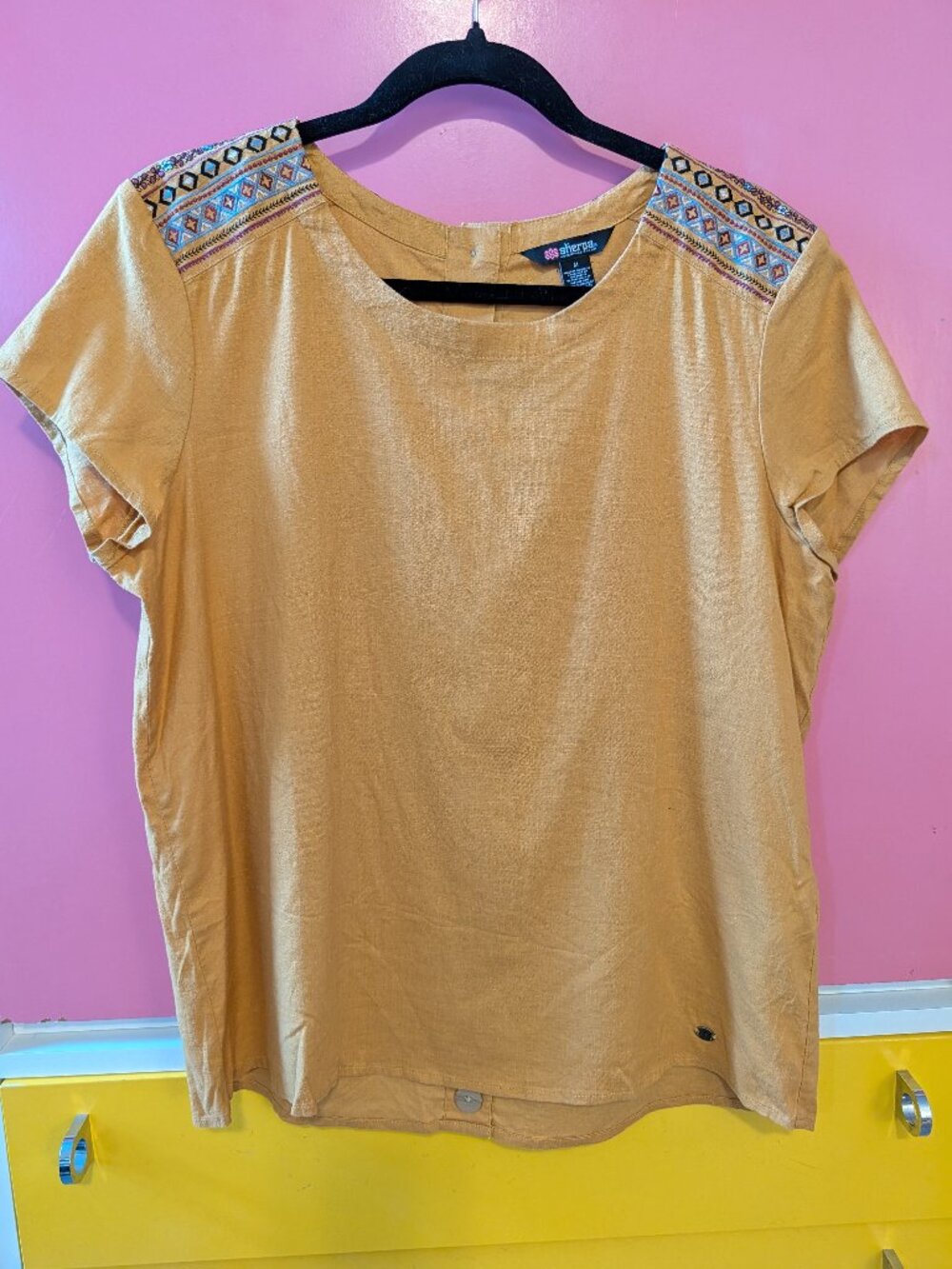 Sherpa Adventure Gear Mustard Hemp Top | Embroidered Shoulders | Size M